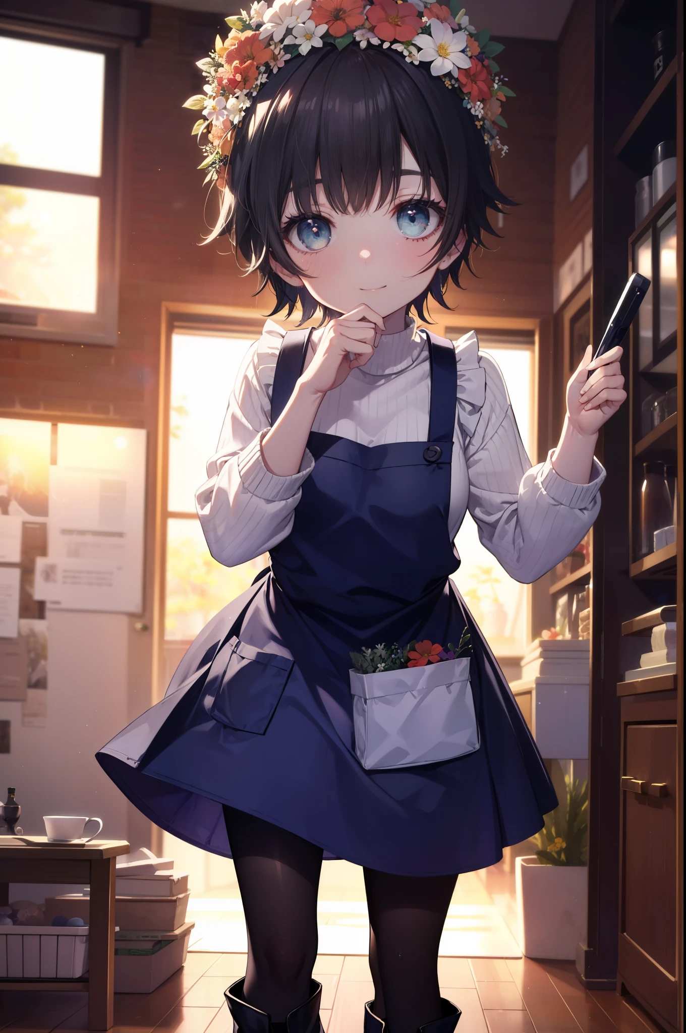 uiharukazari, uiharu kazari, (black eye:1.5), black hair, flower, hair flower, hair ornaments, smile,頭のflower輪, short hair,
flower屋の店員,flower屋,sweater,Short Bands,black pantyhose,Short Boots Boots,apron, 
break looking at viewer, 
break indoors, flower屋,
break (masterpiece:1.2), highest quality, High resolution, unity 8k wallpaper, (figure:0.8), (detailed and beautiful eyes:1.6), highly detailed face, perfect lighting, Very detailed CG, (perfect hands, perfect anatomy),