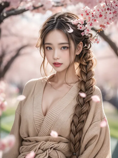 (masterpiece, best quality:1.2),Sexy sweater，Eyes are very delicate，（（（Beautiful girl with double braids））），Under the cherry blo...