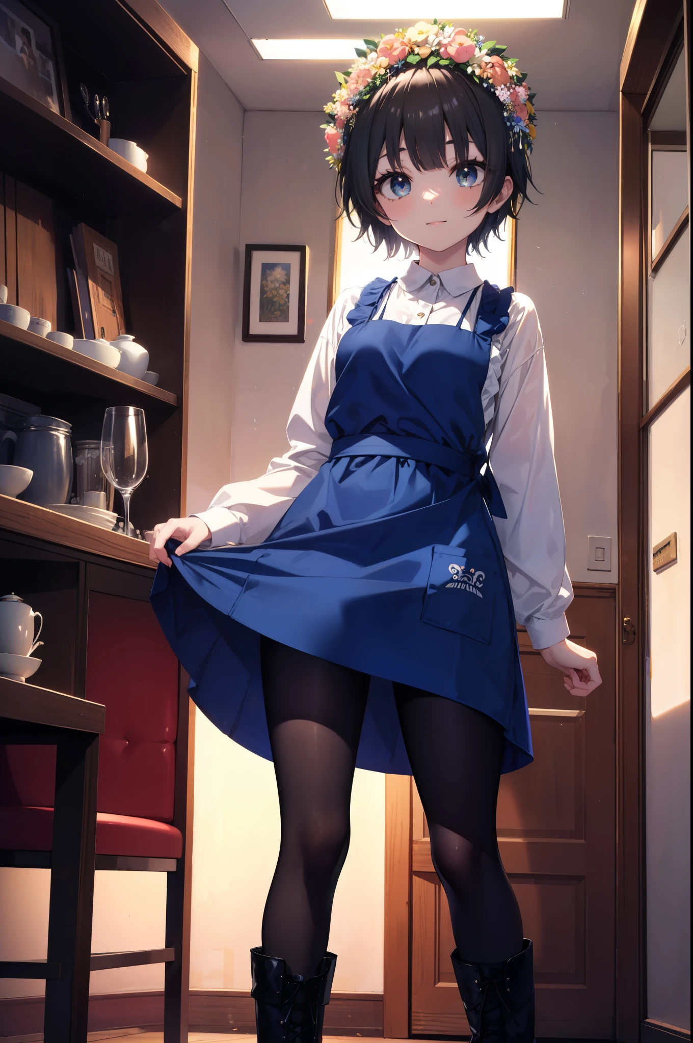 uiharukazari, uiharu kazari, (black eye:1.5), black hair, flower, hair flower, hair ornaments, smile,頭のflower輪, short hair,
flower屋の店員,flower屋,sweater,Short Bands,black pantyhose,Short Boots Boots,apron, 
break looking at viewer, 
break indoors, flower屋,
break (masterpiece:1.2), highest quality, High resolution, unity 8k wallpaper, (figure:0.8), (detailed and beautiful eyes:1.6), highly detailed face, perfect lighting, Very detailed CG, (perfect hands, perfect anatomy),