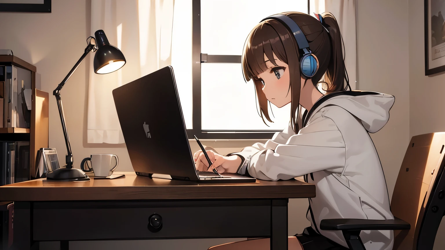 (best quality,highres),brown hair,blunt bangs,ponytail,black eyes,headphones,black socks,white shoes,hooded sweatshirt,desk,solo,girl studying,night,home,study,quiet,concentrated,organized,peaceful environment,soft lighting,cozy atmosphere,relaxing,bookshelf,notebooks,pen,pencil,reading lamp,computer,laptop,desk lamp,coffee mug,chair,window,curtains,wall clock,inspiration,creative,warm colors,calm,comfortable