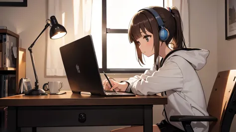 (best quality,highres),brown hair,blunt bangs,ponytail,black eyes,headphones,black socks,white shoes,hooded sweatshirt,desk,solo...