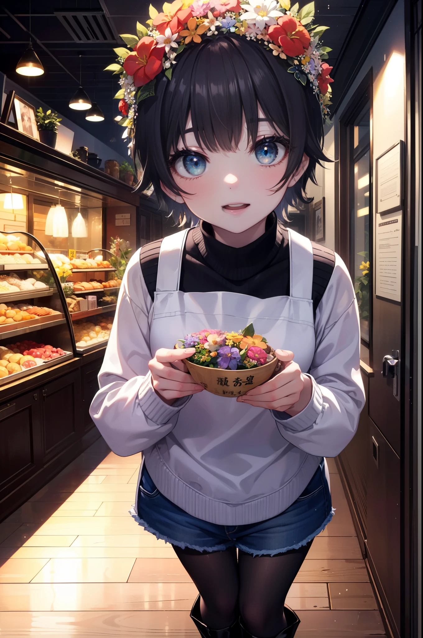 uiharukazari, uiharu kazari, (black eye:1.5), black hair, flower, hair flower, hair ornaments,open mouth smile,頭のflower輪, short hair,
flower屋の店員,flower屋,sweater,short denim bunts,black pantyhose,short boots,apron, 
break looking at viewer, 
break indoors, flower屋,
break (masterpiece:1.2), highest quality, High resolution, unity 8k wallpaper, (figure:0.8), (detailed and beautiful eyes:1.6), highly detailed face, perfect lighting, Very detailed CG, (perfect hands, perfect anatomy),