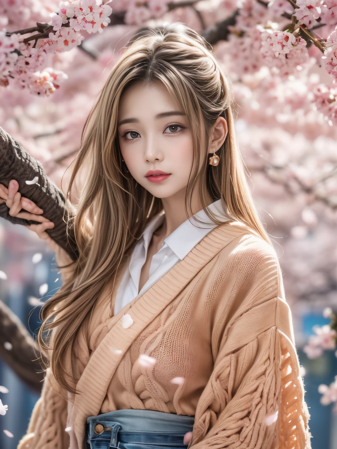 (masterpiece, best quality:1.2),Sexy sweater，Eyes are very delicate，（（（Beautiful girl with long hair））），Under the cherry blossom trees，Sakura petals are flying all over the ground，Dream style，Full body image