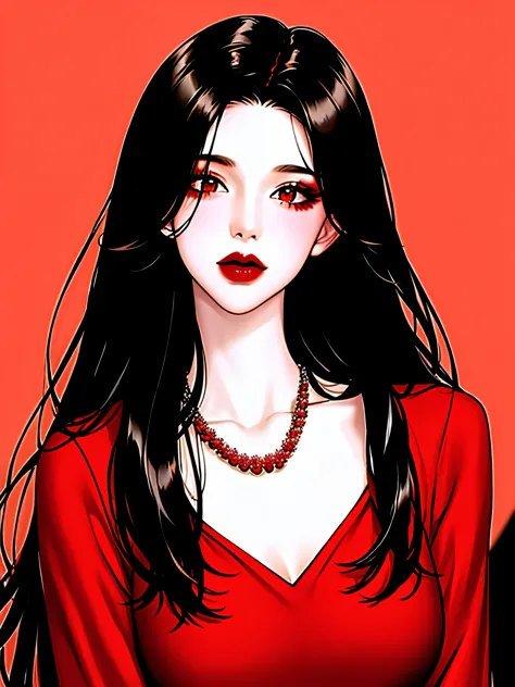 1girl in, Solo, Jewelry, Black hair, Necklace, Red lips, Long hair, lip stick, makeup, Upper body, Closed mouth, Red dress, Hair...