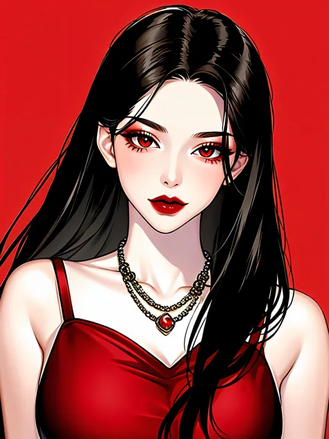 1girl in, Solo, Jewelry, Black hair, Necklace, Red lips, Long hair, lip stick, makeup, Upper body, Closed mouth, Red dress, Hair...