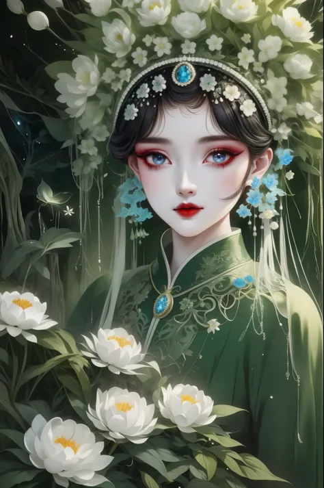 "forest queen portrait，white peony, (masterpiece, best quality), (illustration), strange fungal disease in dense forests, transp...