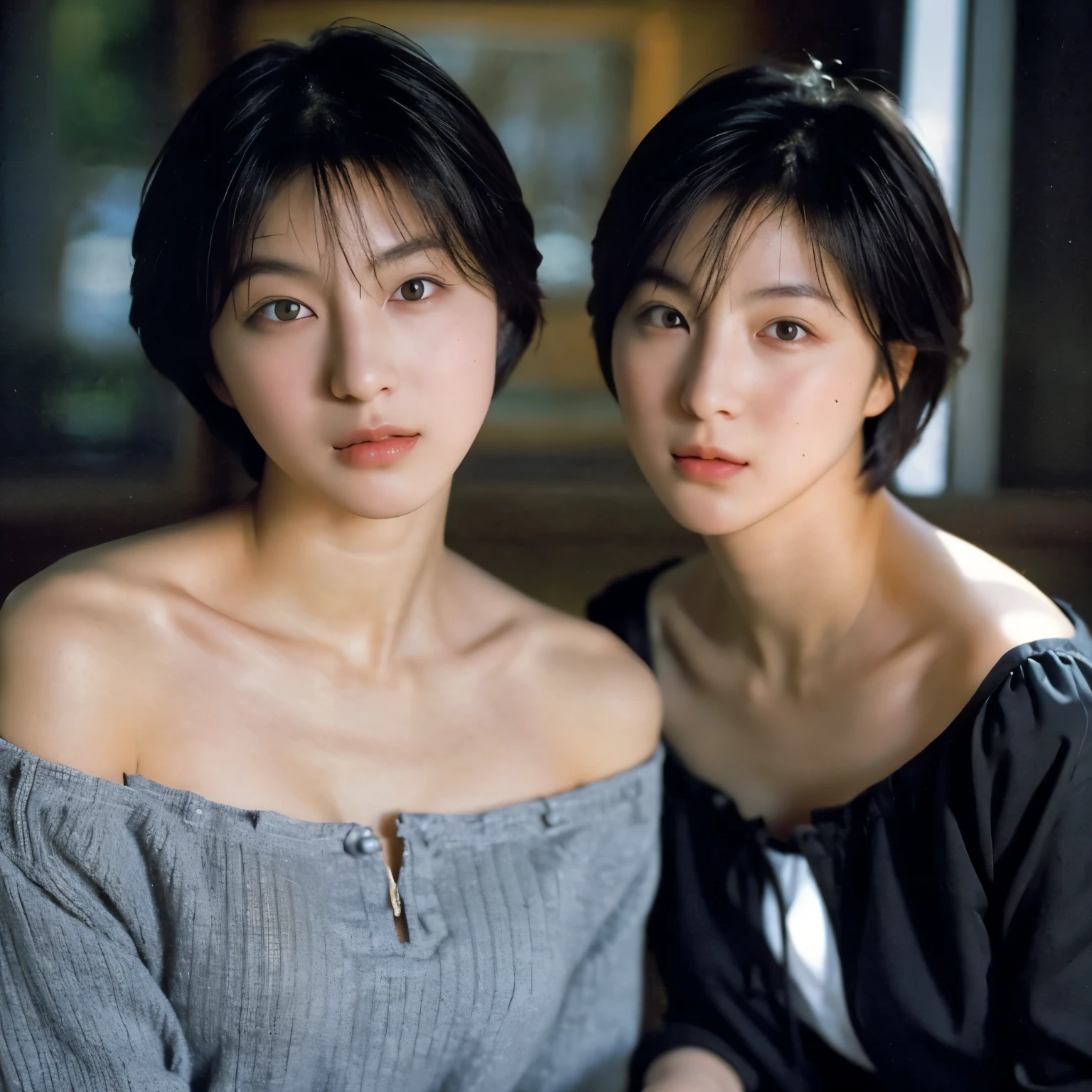 highest quality, masterpiece, ultra high resolution, (realistic:1.5), RAW photo, , off shoulder, in the dark, deep shadow, discreet key, cold light, identical twin sisters sexy appearance, short hair looking at camera、catch light