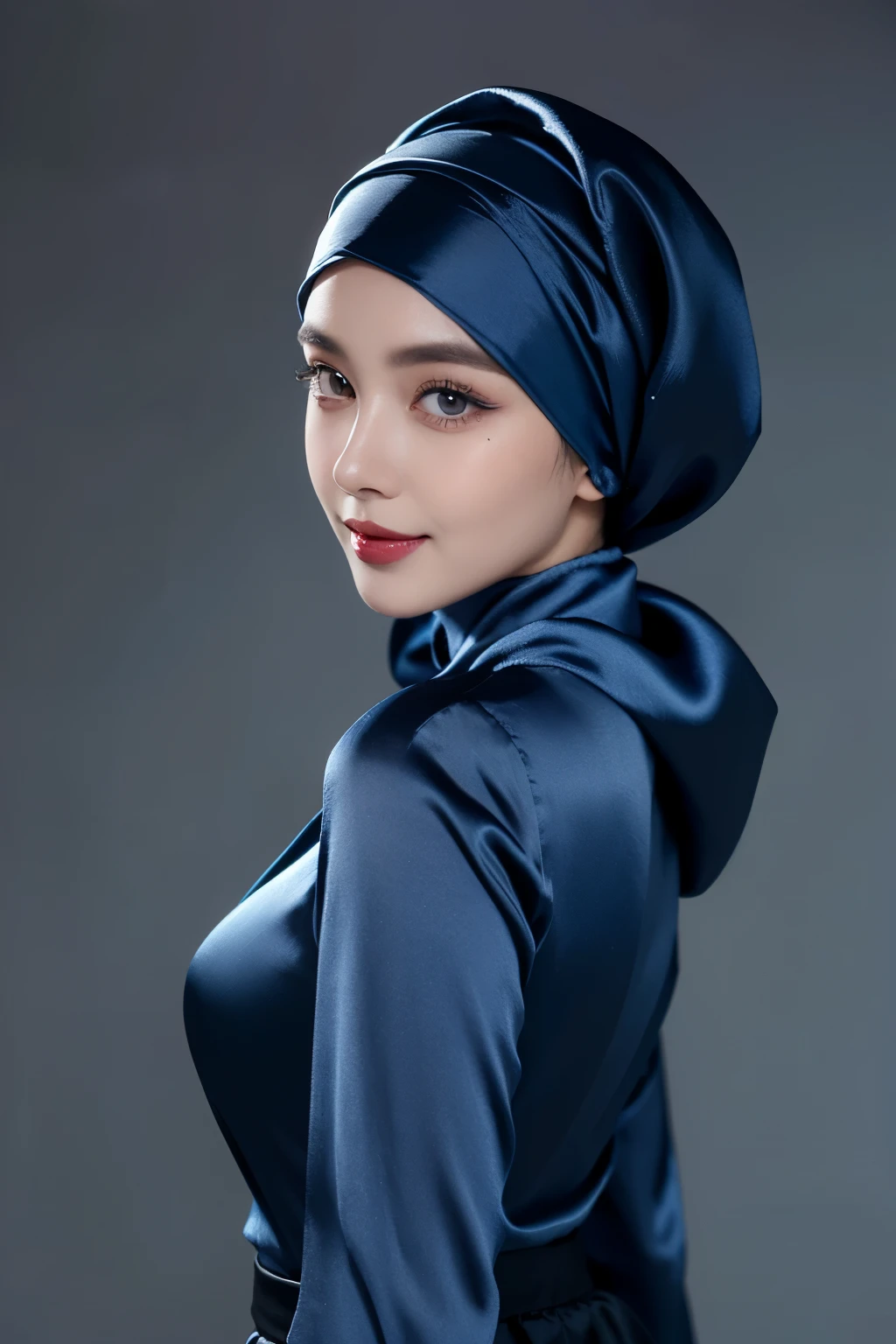 A woman wearing a blue satin head scarf and a black dress - SeaArt AI