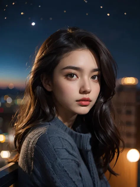 A beautiful woman. Dark brown hair. Twenty years old. She stares blankly at the night sky from the balcony of her apartment.