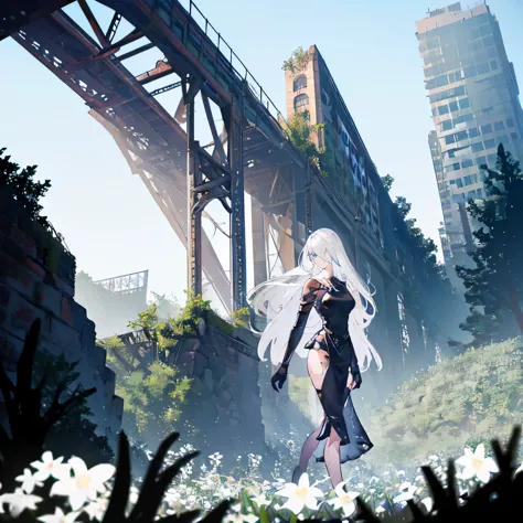 A2. She is 25 years old. adult. white hair.  Blue eyes. she is in a field of white flowers.  In a city ruins.