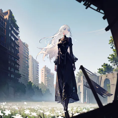YoRHa A2. She is 25 years old. adult. white hair.  Blue eyes. she is in a field of white flowers.  In a city ruins. Her clothes ...