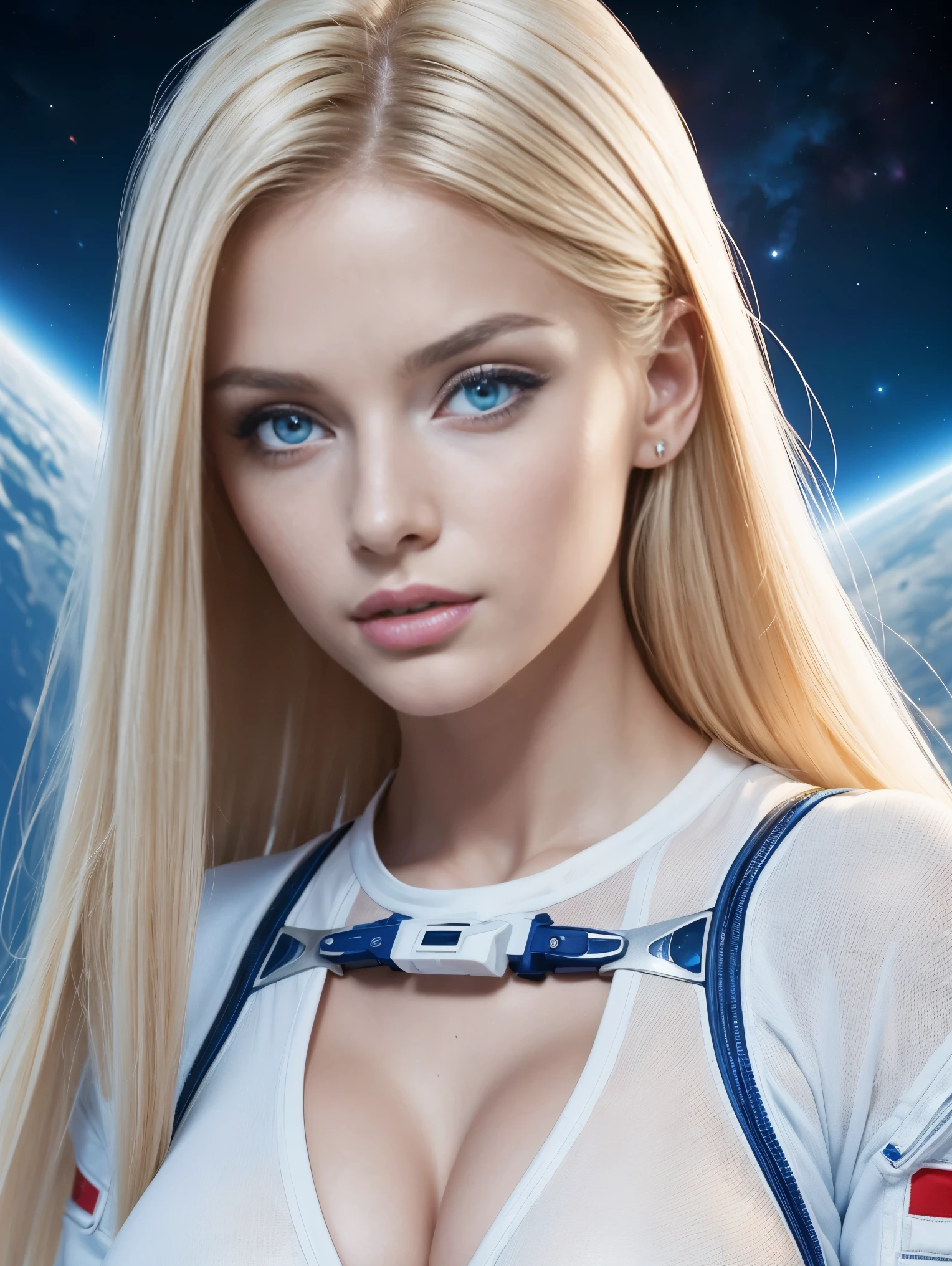 uma linda mulher europeia ultra gostosa. 23 anos. cabelo loiro liso. roupa de astronauta branca e azul, Decote, provocante. Fundo do espaço. anatomia perfeita, cabelo perfeito, peito perfeito, Corpo perfeito, mãos perfeitas, rosto perfeito, olhos perfeitos, Preciso, anatomicamente correto, foco perfeito, claro e nítido, Ultra HD, Obra de arte, ((fundo desfocado)) 