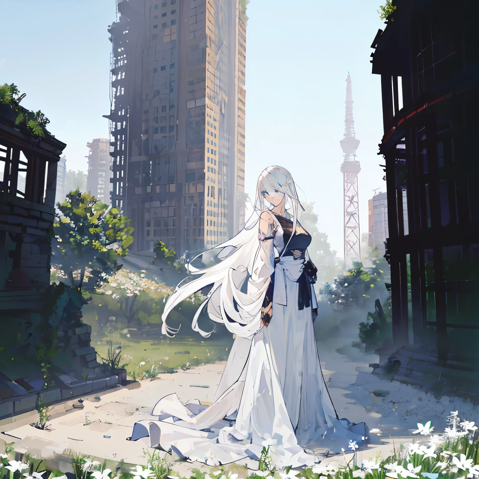 YoRHa A2. She is 25 years old. adult. white hair.  Blue eyes. she is in a field of white flowers.  In a city ruins. Her clothes are worn out. She is covered in dust