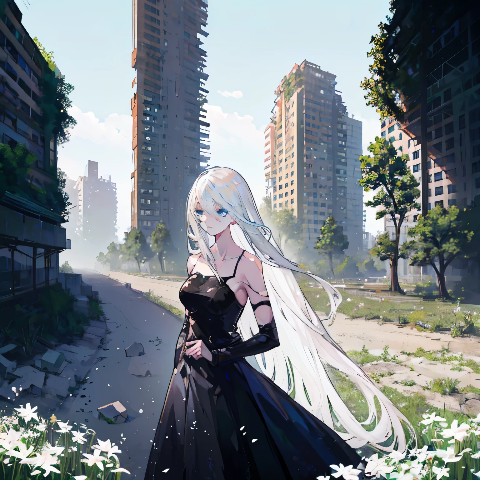 YoRHa A2. She is 25 years old. adult. white hair.  Blue eyes. she is in a field of white flowers.  In a city ruins. Her clothes are worn out. She is covered in dirt