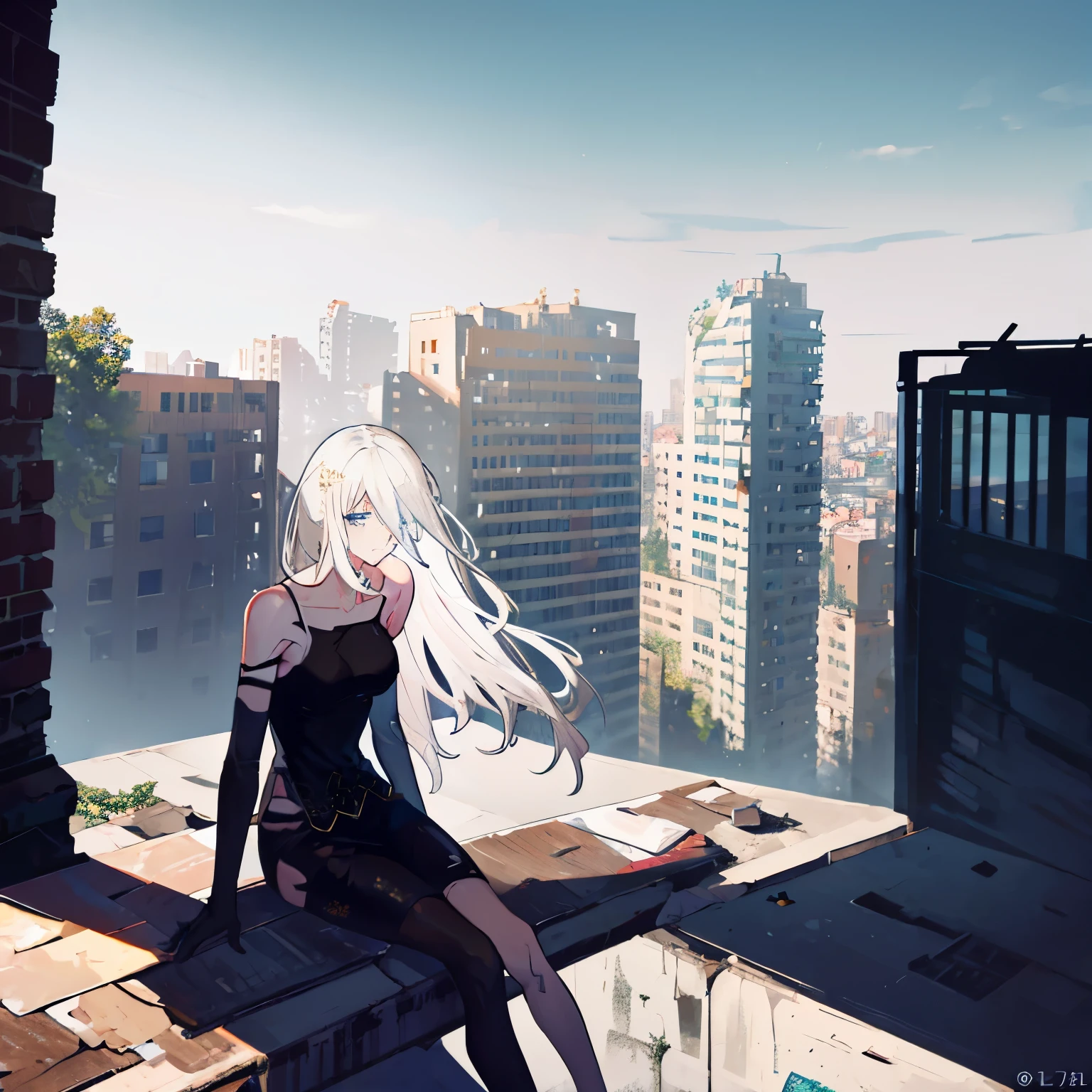 YoRHa A2. She is 25 years old. adult. white hair.  Blue eyes. She is sitting on the roof of a building. observing. In a city ruins. Her clothes are worn out. She is covered in dirt