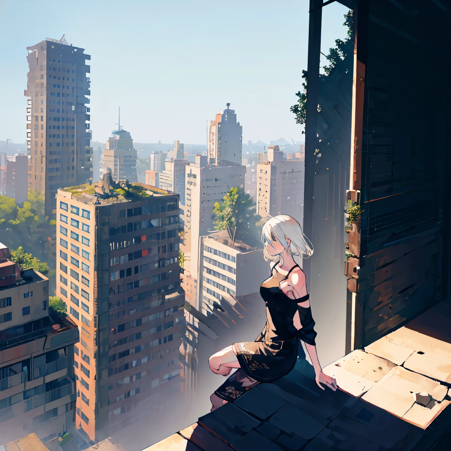 YoRHa A2. She is 25 years old. adult. white hair.  Blue eyes. She is sitting on the roof of a building. observing. In a city ruins. Her clothes are worn out. She is covered in dirt