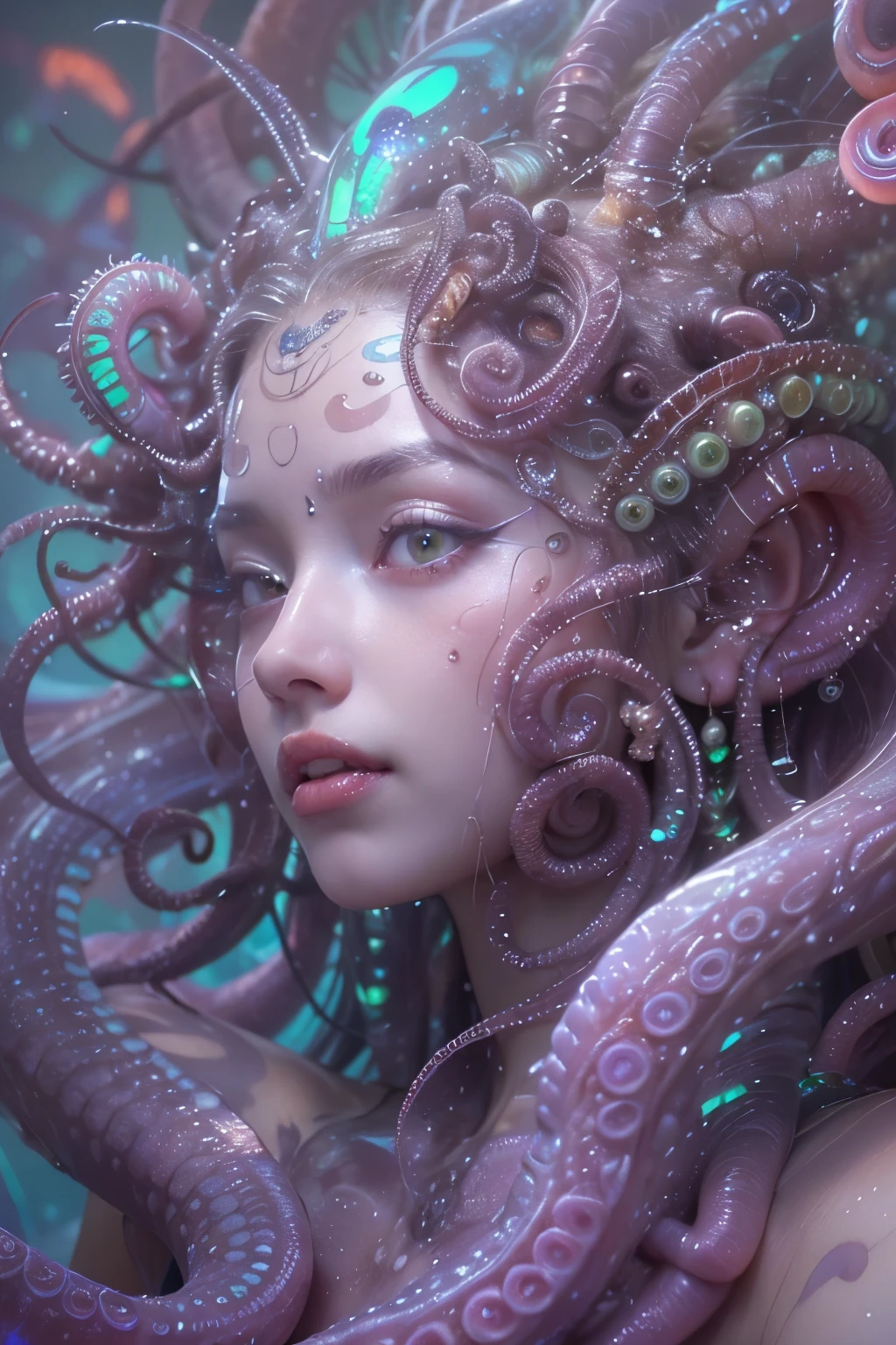 (1 beautiful and obscene female alien in the water of the deep sea:1.4), (There is a female genital-like organ in the middle of the forehead:1.95), has hair like medusa, (From her head there are many poisonous translucent white tentacles that look like hair:1.5),  (she has no pupils, Looking down at the viewer with glowing scarlet eyes:1.6), (She has crystal clear white skin:1.6),(she has the most beautiful face in the history of the universe:1.5), (She has multiple bioluminescence organs on the side of her white tentacles:1.5), (Her body is covered with an iridescent exoskeleton:1.4), (she shows her armpit dimples:1.6), an evil gaze that seduces, (From the gap between your cute lips, Long canine teeth peek out like a vampire:1.4) (bioluminescence:1.4), (sexy pose:1.4), alien, there are no humans, (cells are fused:1.3), extraterrestrial, cell, bio image, ultra High resolution, (realistic pictures:1.7), (Number of award-winning masterpieces々, incredibly detailed, Texture and maximum detail), dramatic lighting, cinematic quality, (exquisite details:1.2), High freshness, draw faithfully, (thick eyebrows:1.2), Beautiful eyes with high bilateral symmetry,(highly detailed face and eyes:1.2),(Super detailed skin texture:1.4), perfect anatomy, (Beautiful toned body:1.5), (moist skin:1.2), not wearing makeup, (Bear:1.1), drawing cinematic characters, cinematic quality, (exquisite details:1.2), High resolution, High freshness, draw faithfully, official art, Unity 8K wall paper, Super detailed artistic photography, midnight aura, unreal engine 5, super sharp focus, art by Amano Yoshitaka, art germ, ultra realistic realism, fantasy creation, dream snail, (biopunk nautilus:1.3),thrilling color scheme, smile seductively, amazing mutation, well-proportioned body, goddess of the deep sea, fractal, Geometric pattern, she has a great figure, Subtle emerald green accents, (expression of ecstasy:1.5)