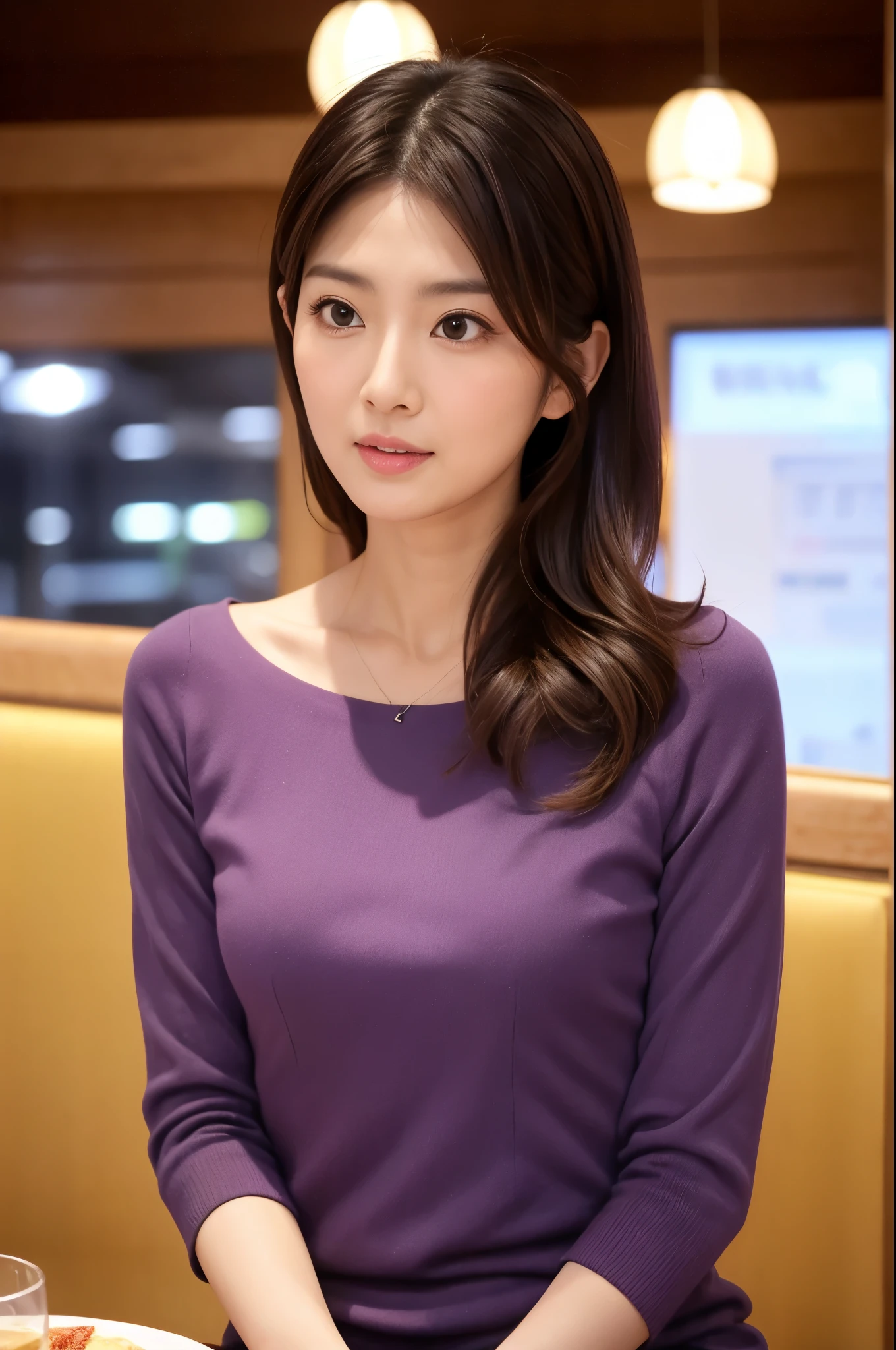 ulzzang-6500-v1.1, (RAW photo:1.2), (Photoreal), (genuine:1.4), (muste piece),(very realistic, High resolution, detailed face, fine eyes), thin woman, 40 years old, cute face, look at the audience, various popular hairstyles, slim figure, small breasts, very thin waist, at the restaurant, wearing casual clothes