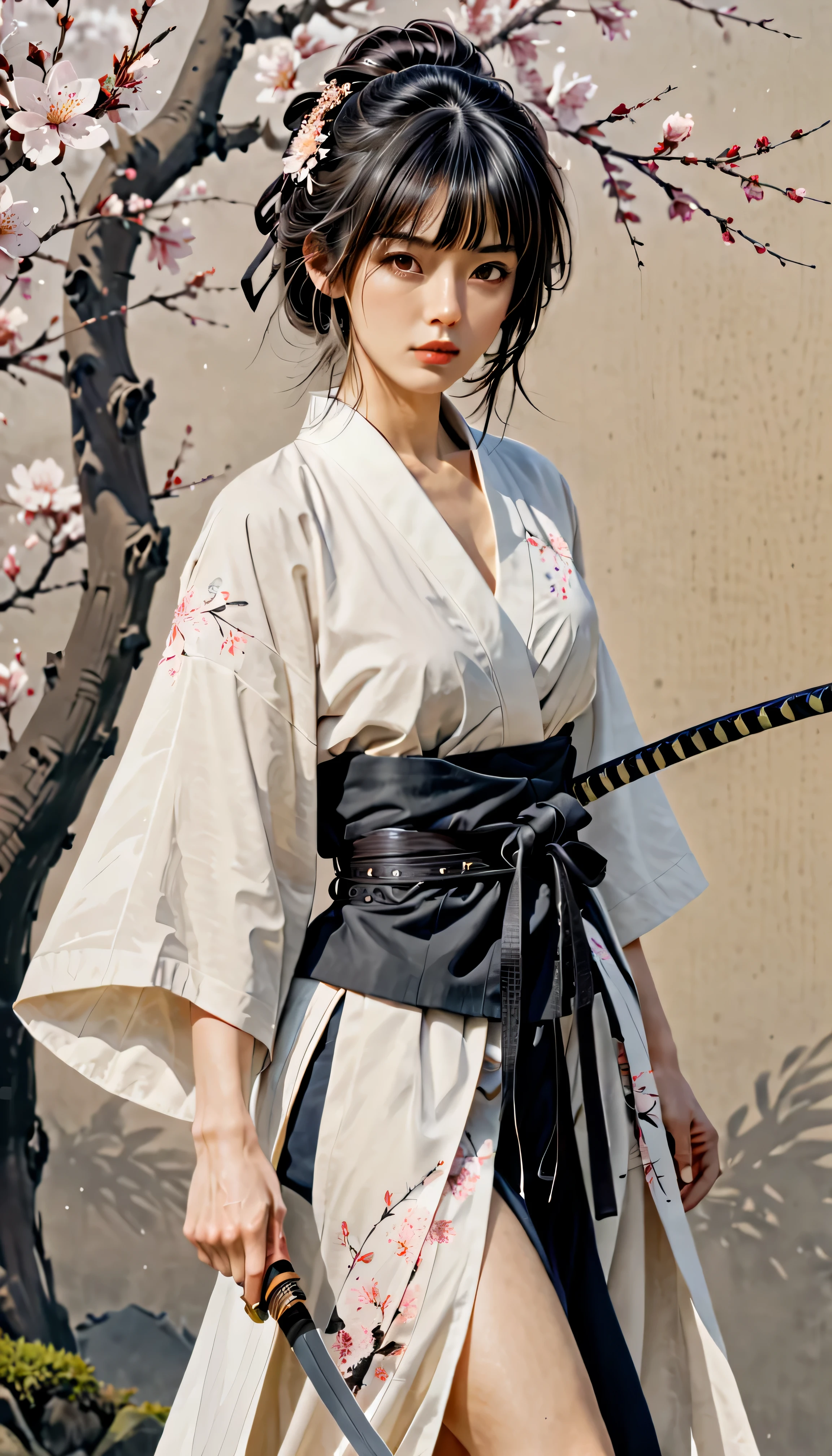 ((cuerpo completo):1.2), lineas suaves; Expresar expresiones y posturas a través del contraste de tinta., El fondo es un jardín de sakura.. enfatizar la luz, sombra y espacio. Dibujo de mujer samurai, Supermodelo belleza japonesa. pelo negro, (messy bangs hairstyle), ((Doncella)), Cara de proporción áurea, cara perfecta, (cuerpo atractivo), (cuerpo de modelo de moda), ((vistiendo túnica samurái):1.1), ((postura de batalla samurai):1.1), ((una daga wakizashi):1.1), pieza de bellas artes, arte figurativo, Vestirse apropiadamente. Pintura sexy, Golpe | (mejor calidad, 4k, 8k, alta resolución,Obra maestra:1.2), súper detallado,(actual, photoactual, foto-actual:1.37).