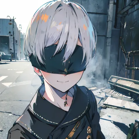 yorha 9s. he is 25 years old. adult. white hair.  blue eyes. he is in a abandoned factory. the factory is rusty. (((his eyes are...