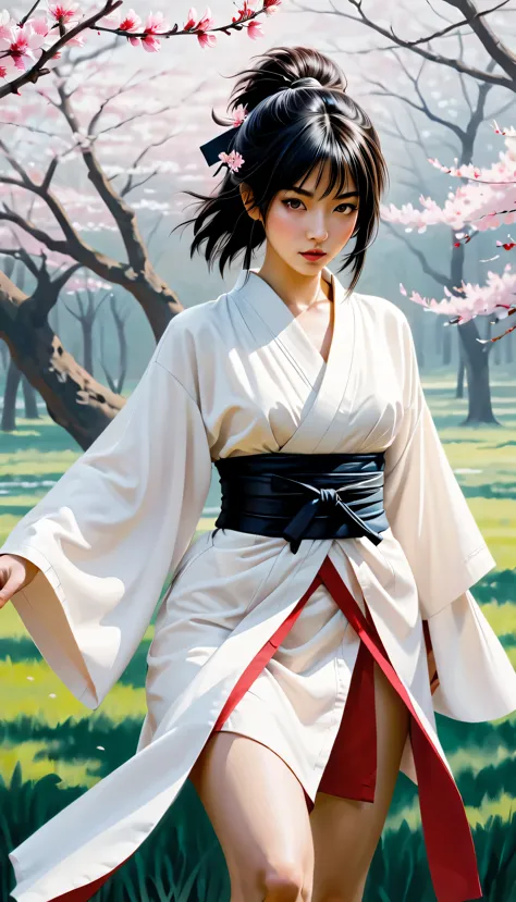 ((full body):1.2), smooth lines; Express expressions and postures through ink contrast, The background is a sakura garden. emphasize light, shadow and space. Drawing of Female Samurai, Supermodel Japanese Beauty. Black hair, (messy bangs hairstyle), ((maid...