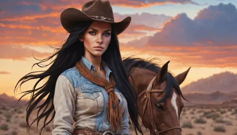 Young woman, cowboy, with long black hair and blue eyes, bright skin, cowboyская шляпа. Illustration, dusty desert, Sunset silho...