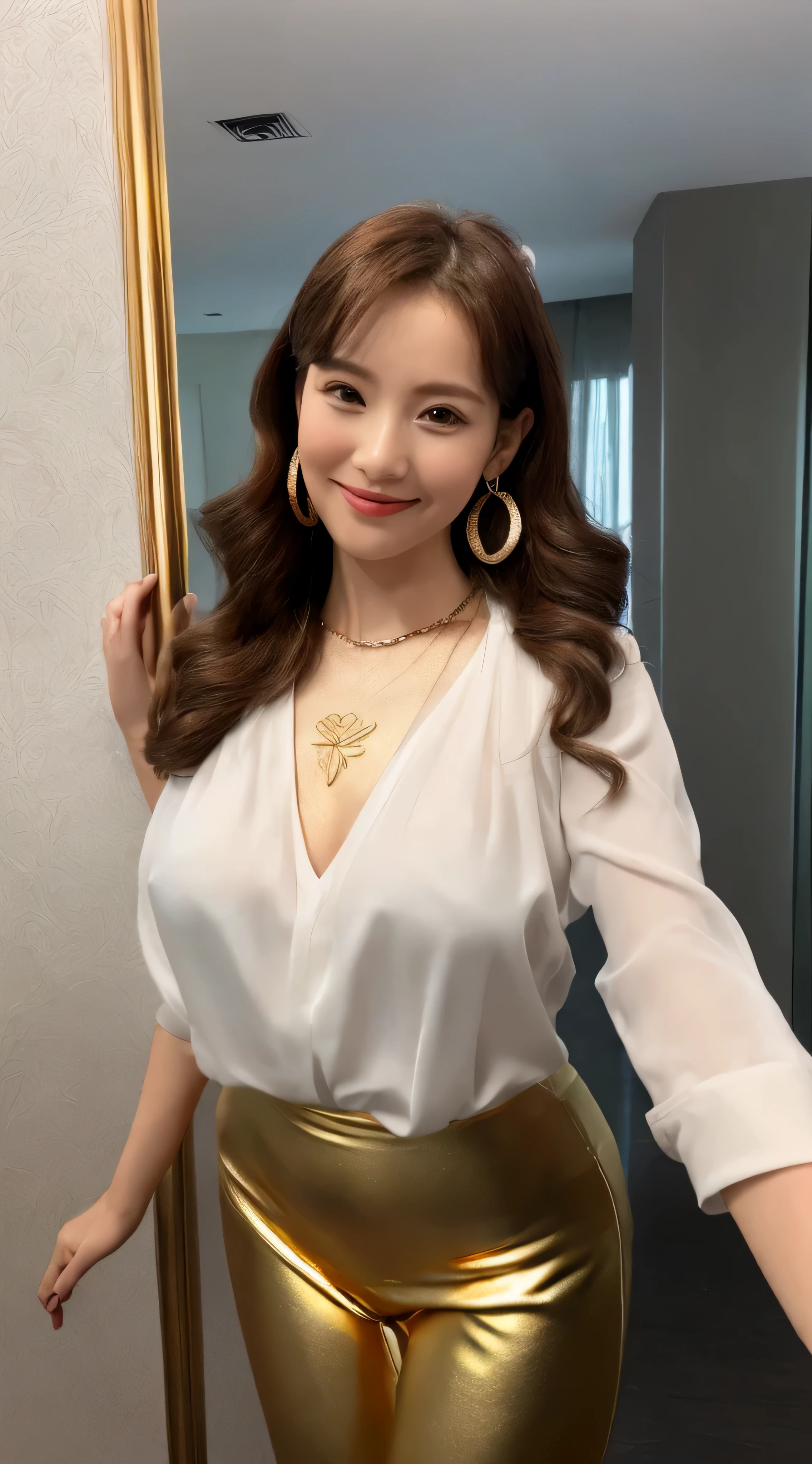 A bewitching beautiful mature elite secretary dressed in a luxurious silk blouse.、 40 years old、Height: 154cm、well-proportioned body shape、Hourglass-like body shape、((Super long brown hair:1.2))、((((Hair with loose waves inside:1.2))、((shy smile:1.3))、((((gold necklace_Large earrings:1.2))、((((Full Figure Supermodel Standing, Whole Body in frame))、full body shot、big breasts、Run over from the other side and cut it.、Let me breathe、running down the hallway、wearing a white satin blouse、ultra-thin fabric、smooth、see-through fabric、girl wearing luxury high heels、 Wearing an elegant white blouse、 wearing a very thin blouse、 business woman、blouse and miniskirt、wearing a white silk blouse、Wearing a white shirt and white flared miniskirt、lace chest、big loose open chest、glimpse of the chest、japanese goddess、RAW photo、(8K、highest quality、masterpiece:1.2)、(intricate details:1.4)、(Photoreal:1.4)、octane rendering、Ultra-detailed complex 3D rendering、soft light in the studio、rim light、vivid details、super detail、realistic skin texture、detail face、beautiful detailed eyes、Highly detailed CG unity 16k wallpaper、 correction、(Detailed background:1.2)、shiny skin、1girl, solo、