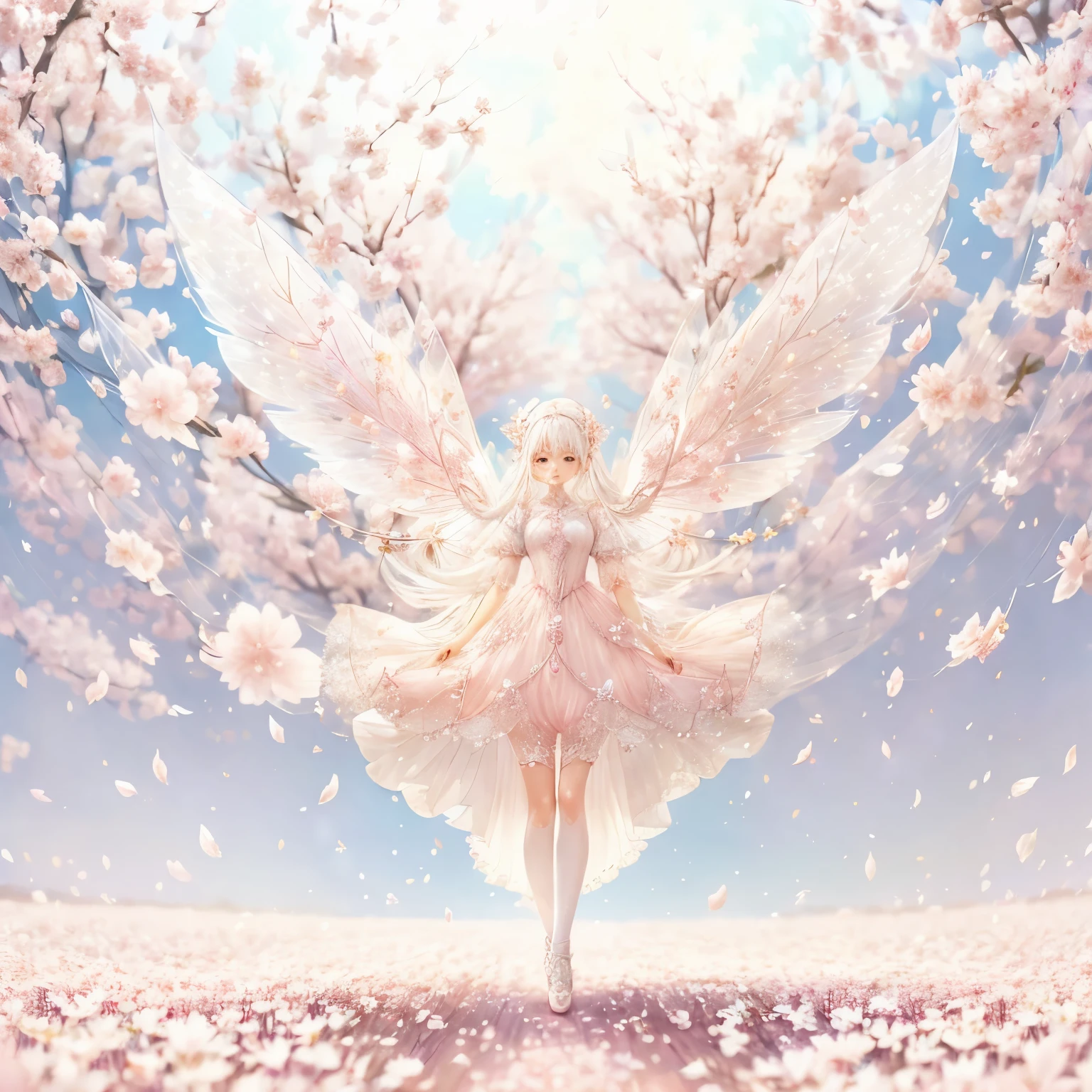 Fada de cabelos brancos usando vestido rosa transparente e brilhante de diamantes、no céu，gado，Pernas longas，asas simétricas,Magia，Pétalas de Sakura voando no fundo，Pétalas de Sakura estão flutuando no ar，（（（Pétalas de Sakura estão voando por todo o chão）））（（tons pastel））（melhor qualidade））， （（detalhes intrincados））， （（Surrealismo））（8K）