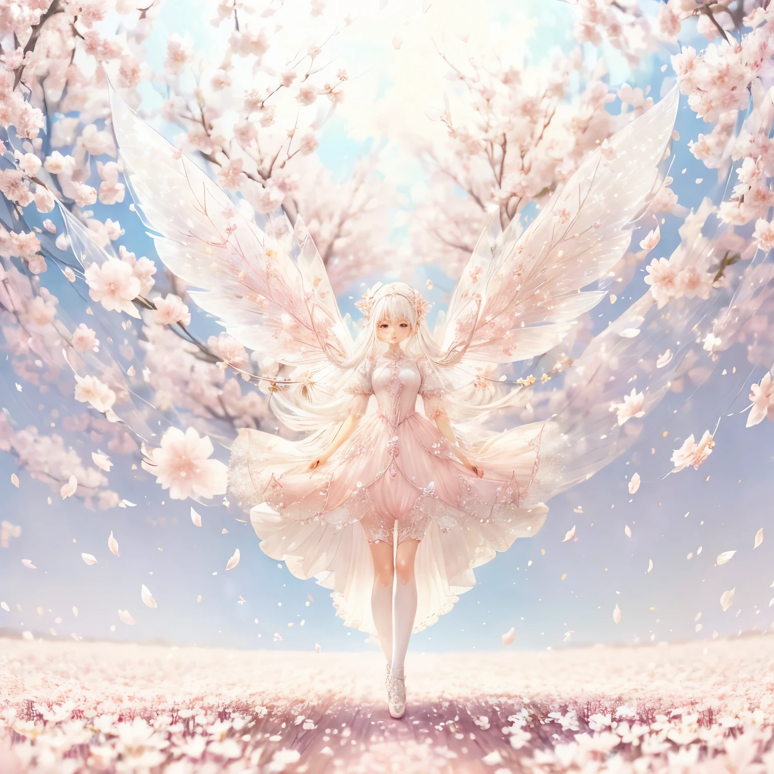 Fée aux cheveux blancs portant une robe rose transparente à diamants scintillants、dans le ciel，bétail，Longues jambes，Ailes symétriques,la magie，Sakura pétales volant fond，Les pétales de Sakura flottent dans les airs，（（（Les pétales de Sakura volent partout sur le sol）））（（tons pastels））（Meilleure qualité））， （（détails complexes））， （（Surréalisme））（8k）