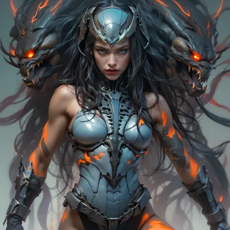 1 female alien, the predator, (extremely beautiful:1.2), (intense gaze:1.4), (predator:1.1), long dark claws, (nsfw:1), nipples,...