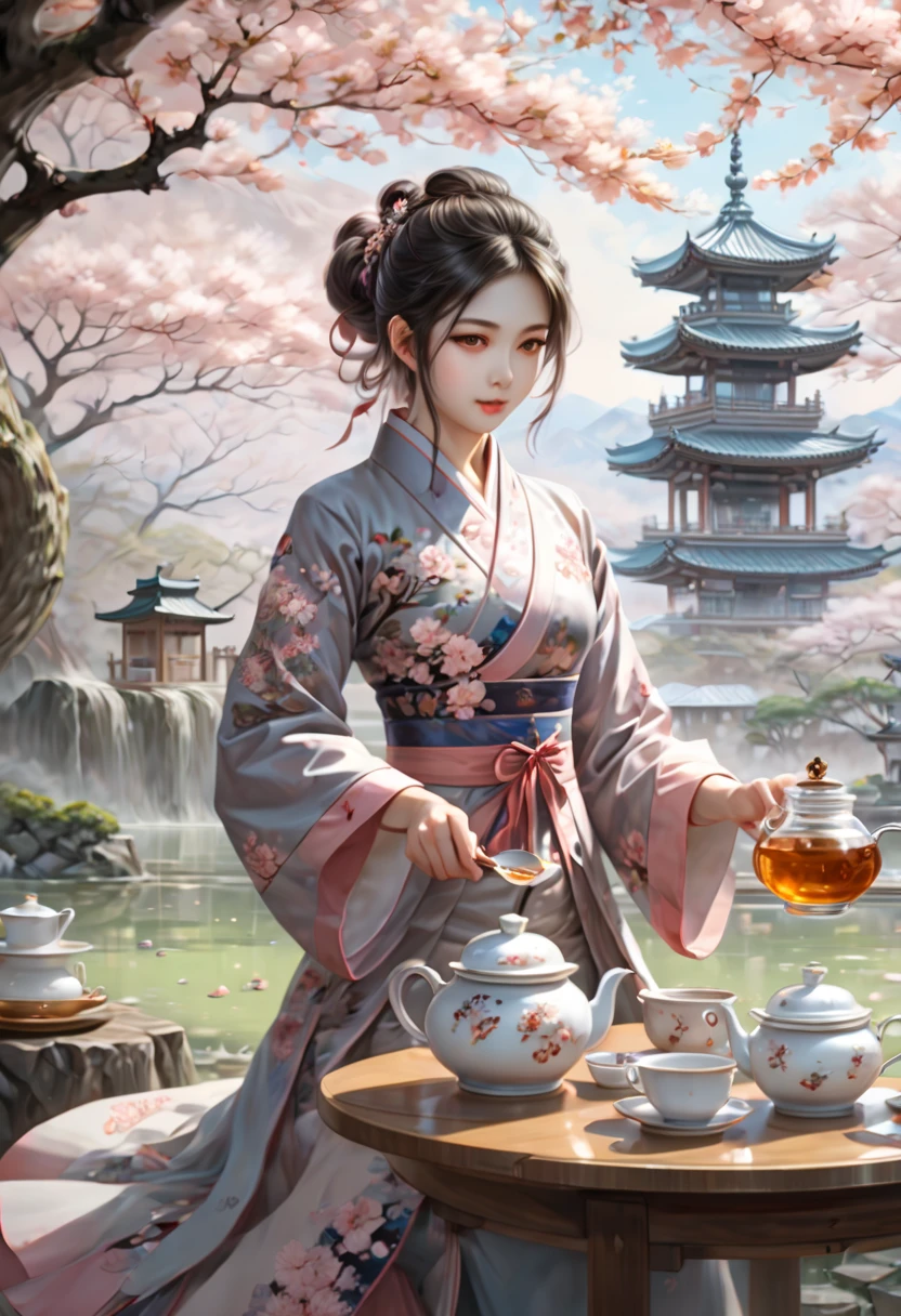 girl pouring tea, Sakura, junoesque, (best quality, masterpiece, Representative work, official art, Professional, Ultra intricate detailed, 8k:1.3)