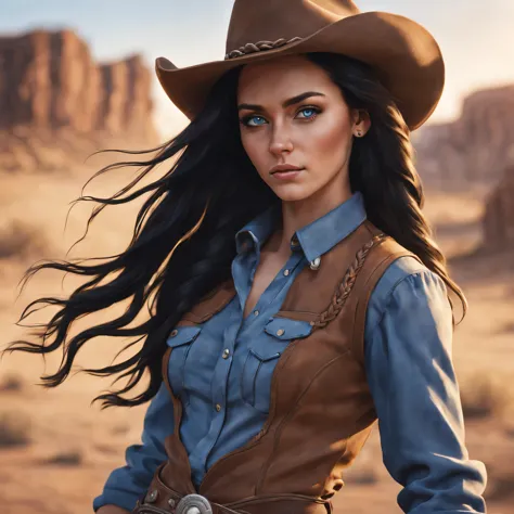 young woman, cowboy, with long black hair and blue eyes, bright skin, cowboyская шляпа. illustration, dusty desert, sunset silho...