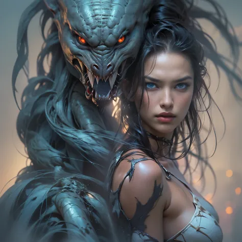 1 female alien, The predator, (extremely beautiful:1.2), (intense gaze:1.4), (predator:1.1), long dark claws, (NSFW:1), nipples,...