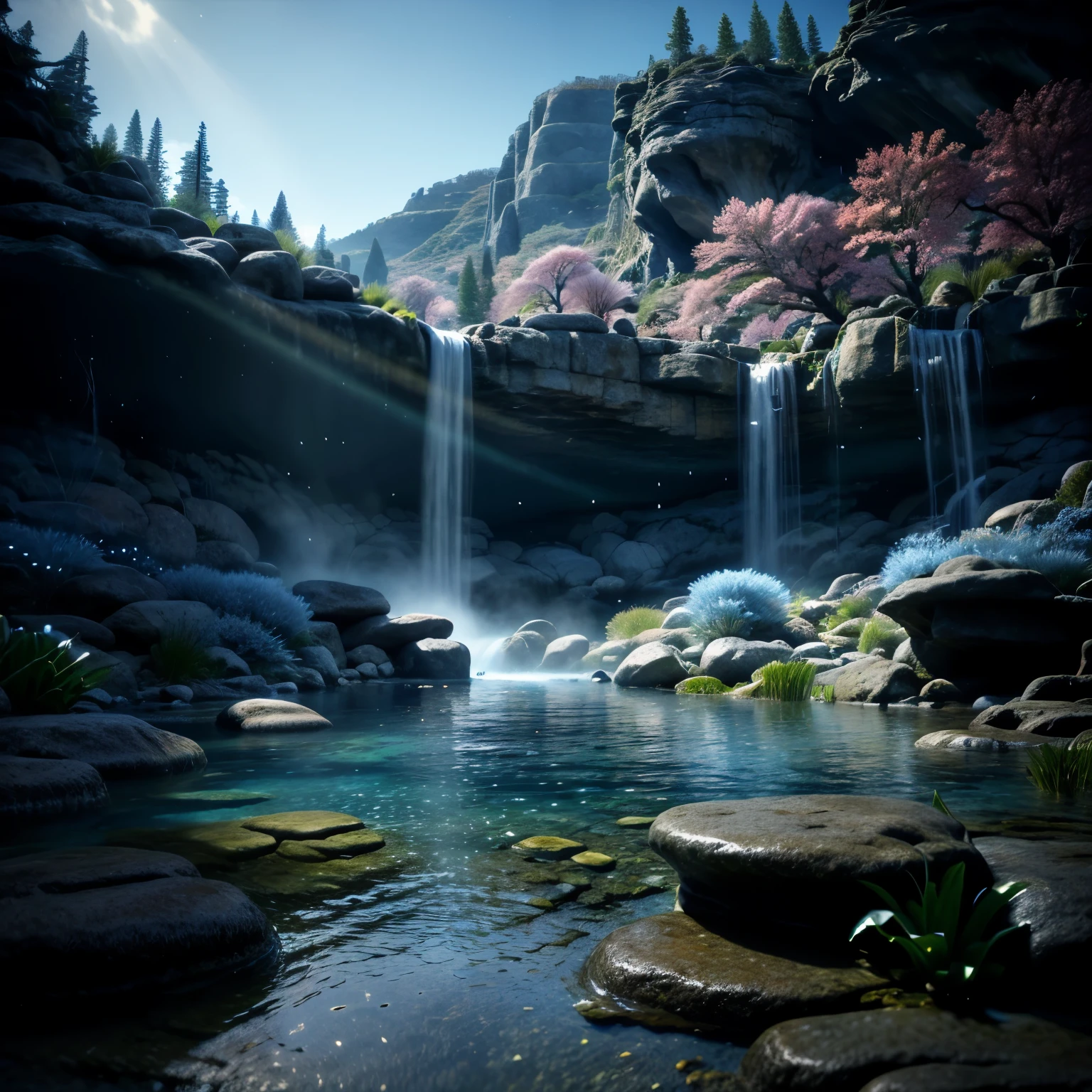 ciel bleu、jour、cascadeが美しい山、HDR，petit pont sur la rivière，l&#39;eau qui coule，cascade，forêt，4K Ultra HD, ultra haute résolution, (Réaliste: 1.4), la plus haute qualité，chef-d&#39;œuvre，personne n&#39;est là、Réaliste、