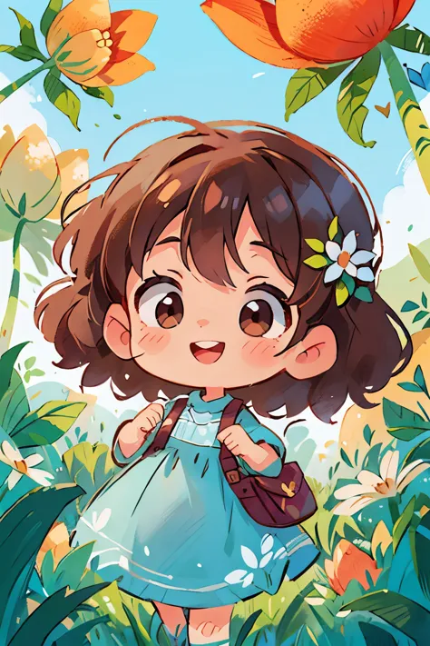 7 year old girl standing in a flower field、radiant smile、cute、brown hair、fluffy curly hair、light blue dress、Portrait