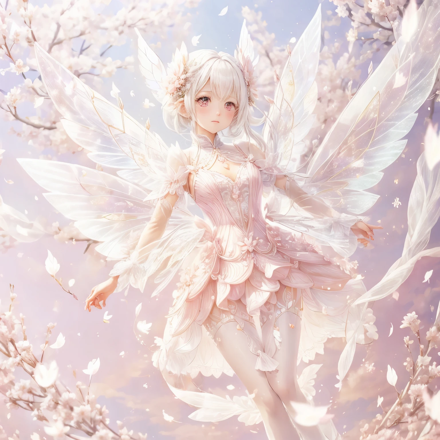 White-haired fairy wearing pink transparent sparkling diamond dress、on the sky，livestock，long legs，Symmetrical wings,magic，Sakura petals flying background，Sakura petals are floating in the air，（（（Sakura petals are flying all over the ground）））（（pastel tones））（best quality））， （（intricate details））， （（Surrealism））（8k）