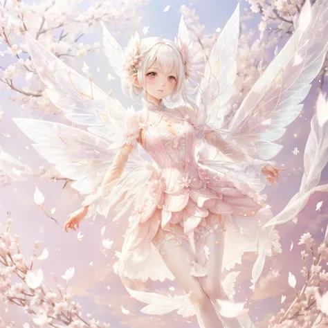White-haired fairy wearing pink transparent sparkling diamond dress、on the sky，livestock，long legs，Symmetrical wings,magic，Sakur...