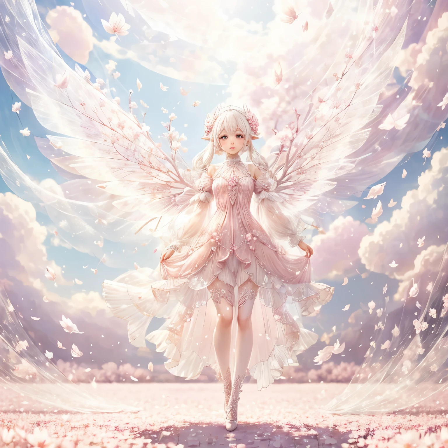 White-haired fairy wearing pink transparent sparkling diamond dress、on the sky，livestock，long legs，Symmetrical wings,magic，Sakura petals flying background，Sakura petals are floating in the air，（（（Sakura petals are flying all over the ground）））（（pastel tones））（best quality））， （（intricate details））， （（Surrealism））（8k）