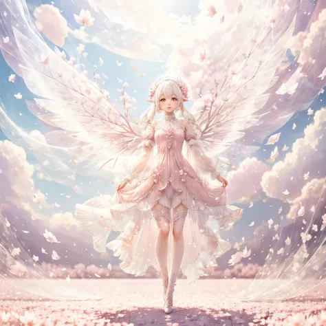 White-haired fairy wearing pink transparent sparkling diamond dress、on the sky，livestock，long legs，Symmetrical wings,magic，Sakur...