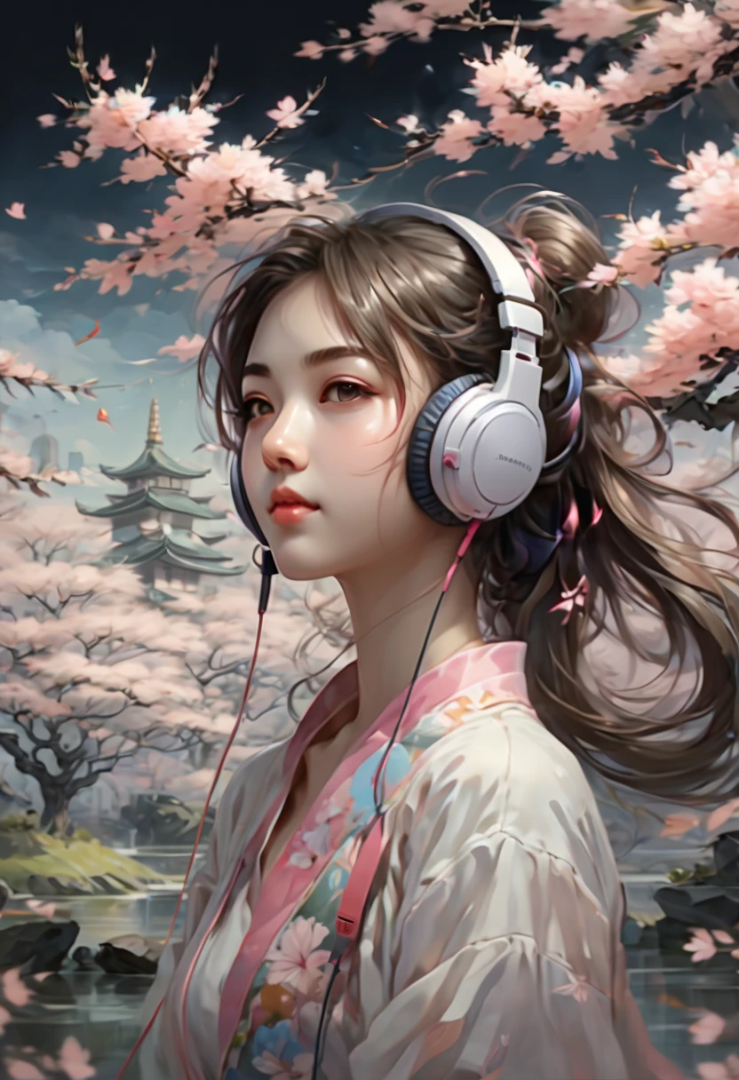 girl listenin to music on headphones, Sakura, junoesque, (best quality, masterpiece, Representative work, official art, Professional, Ultra intricate detailed, 8k:1.3)