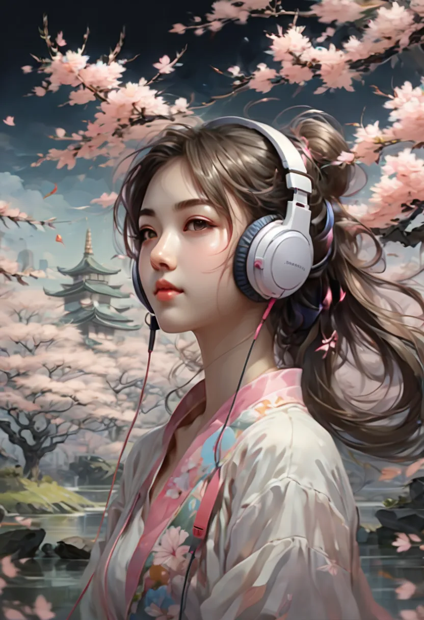 girl listenin to music on headphones, sakura, junoesque, (best quality, masterpiece, representative work, official art, professi...