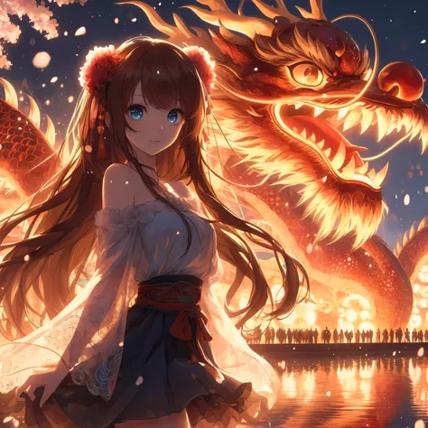 Anime girl with long hair and blue eyes standing in front of the dragon, anime style 4k, Anime Art Wallpaper 4k, Anime Art Wallp...