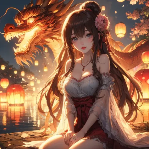 A woman sits on a rock next to a dragon, anime style 4k, Beautiful anime girl, anime art wallpaper 4k, Anime Art Wallpaper 4k, a...