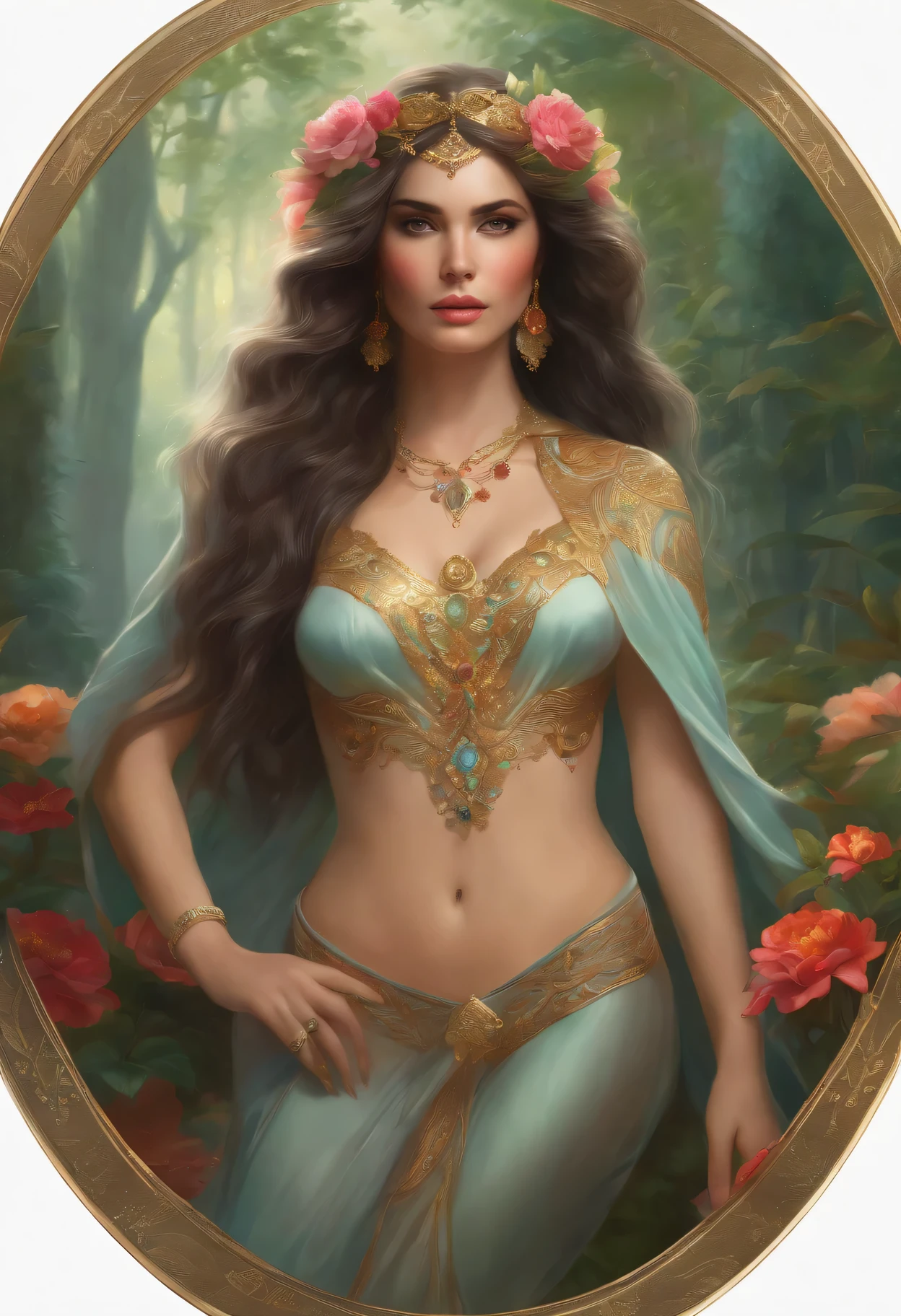 A painting of a woman in a blue dress and gold jewelry - SeaArt AI