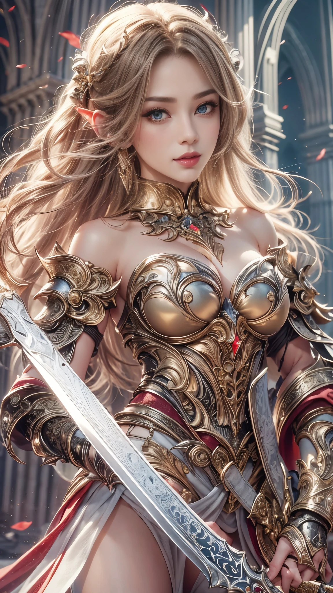 (RAW shooting:1.5, Photoreal:1.5, 8k, highest quality, masterpiece, ultra high resolution), medieval europe, world of magic and swords, perfect dynamic composition:1.2, Mysterious:1.3, Highly detailed skin and facial textures:1.3, cute and sexy slim female warrior, beautiful and aesthetic, cute and sexy beauty, perfect style, wear elaborate rings, Sword Holding Pose, carry a large sword on one&#39;s back:1.3, fire, water, Wind, thunder, ice, Fair skin, very beautiful face, (Medium chest, Chest gap), (embarrassing smile, The expression on your face when you feel intense caress, Facial expression when feeling pleasure), (sexy gold metallic armor, off shoulder), (beautiful blue eyes, Eyes that feel beautiful eros:0.8), (Too erotic:0.9, Bewitching:0.9), full body shot, Ancient castle in the background