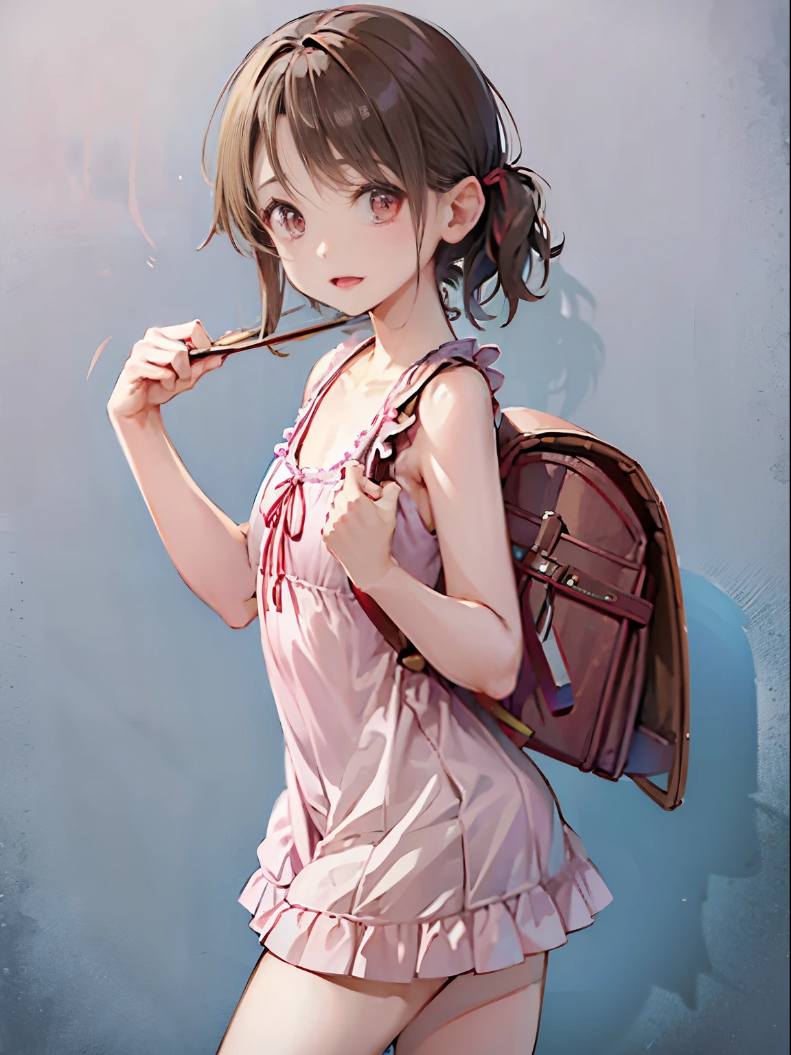 masterpiece, 2D, wear a nightgown, girl in her 20s, japanese girl, small breasts, perfect skin, perfect figure, tie hair back, gravure,wearing pink randoseru backpack, Side view, (randoseru backpack:1.0), Are standing