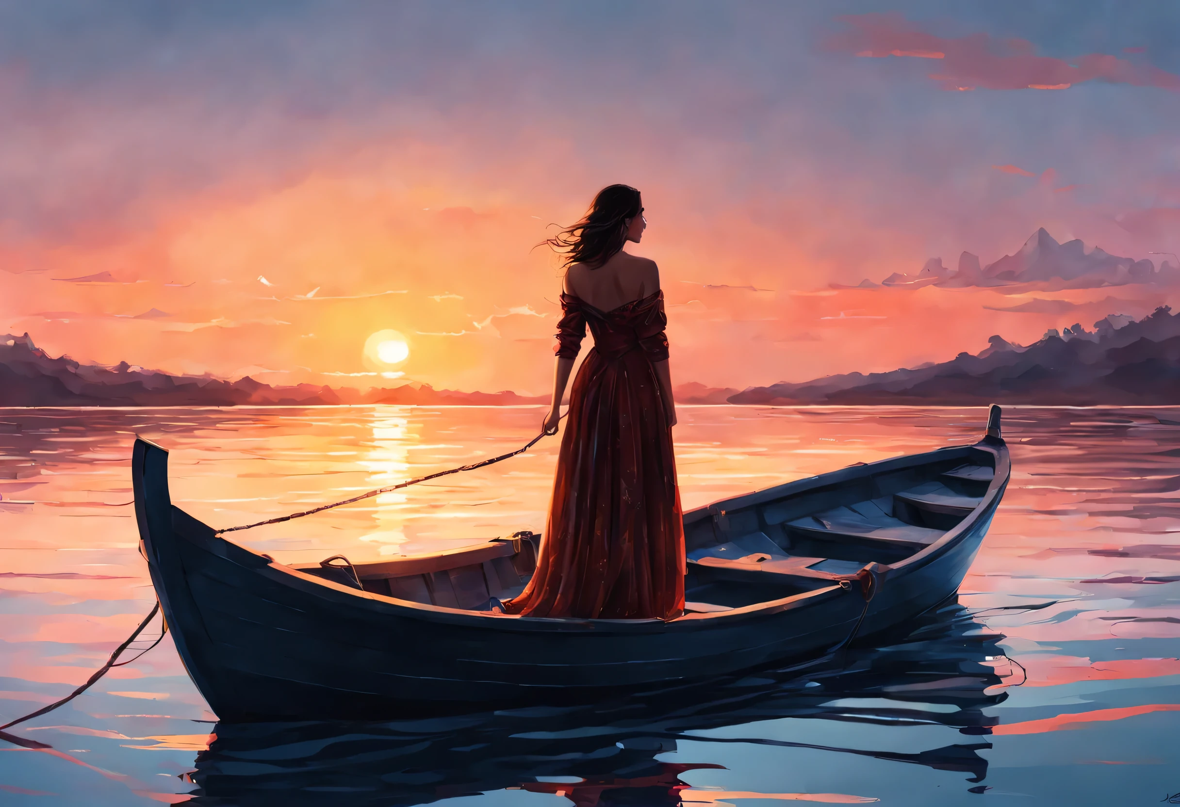 Frau steht auf einem Boot im Wasser, Kunst of Alena Enami, Sonnenuntergangsillustration, Stil von Alena Enami, Kunst. Alena Enami, inspiriert von Alena Enami, von Alena Enami, in style of digitale Illustration, Charlie Bowater: Kunst style, Stil von Alena Enami, Gute Nacht. digitale Illustration