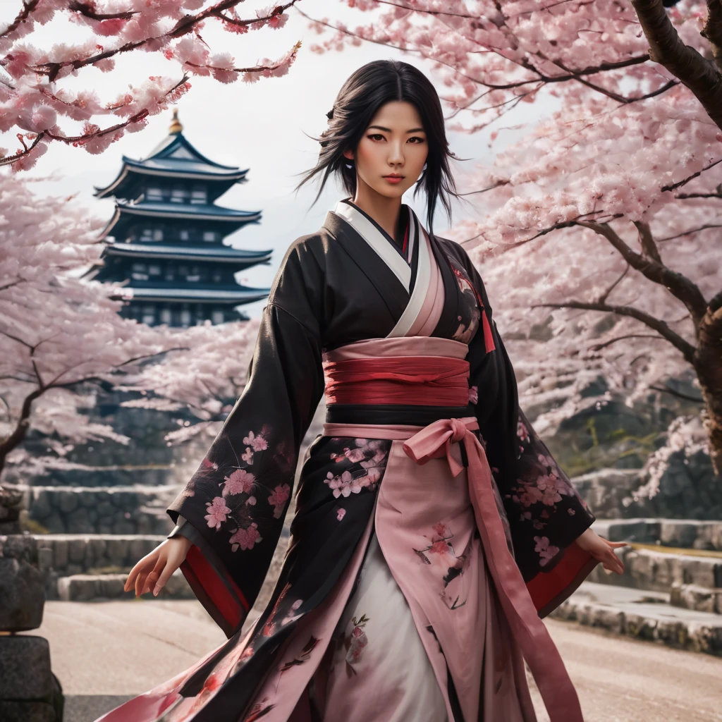 smooth lines; fantasy art, Assassins's creed in feudal Japan, a beautyful sakura garden, a woman (25 years old, beautiful japanese face, long black hair) dressed in mix of japanese kimono and assassin's creed outfit. creeps through the garden.sakura blooming. Japanese black castle in background (Matsumoto Castle),  (best quality, 8k, high resolution,masterpiece:1.2), Super detailed, Smoky elements made of cherry blossom petals around the woman