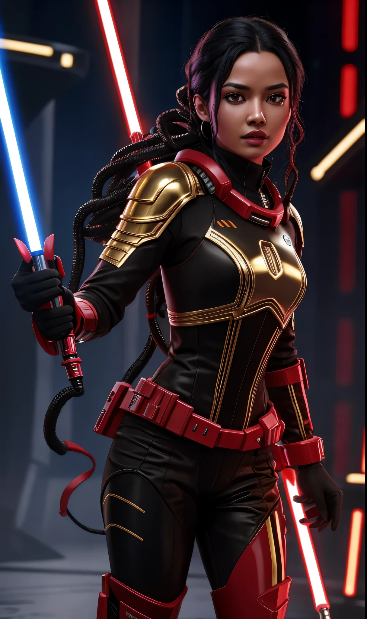 sthp2023, red alien, 1girl, red skin, yellow eyes, gold piercings, face tentacles, black hair, 8k, uhd, best quality, trending on arstation, full body, masterpiece, raw image, skin pores, detailed skin, 5 fingers, star wars, cool armor, forest