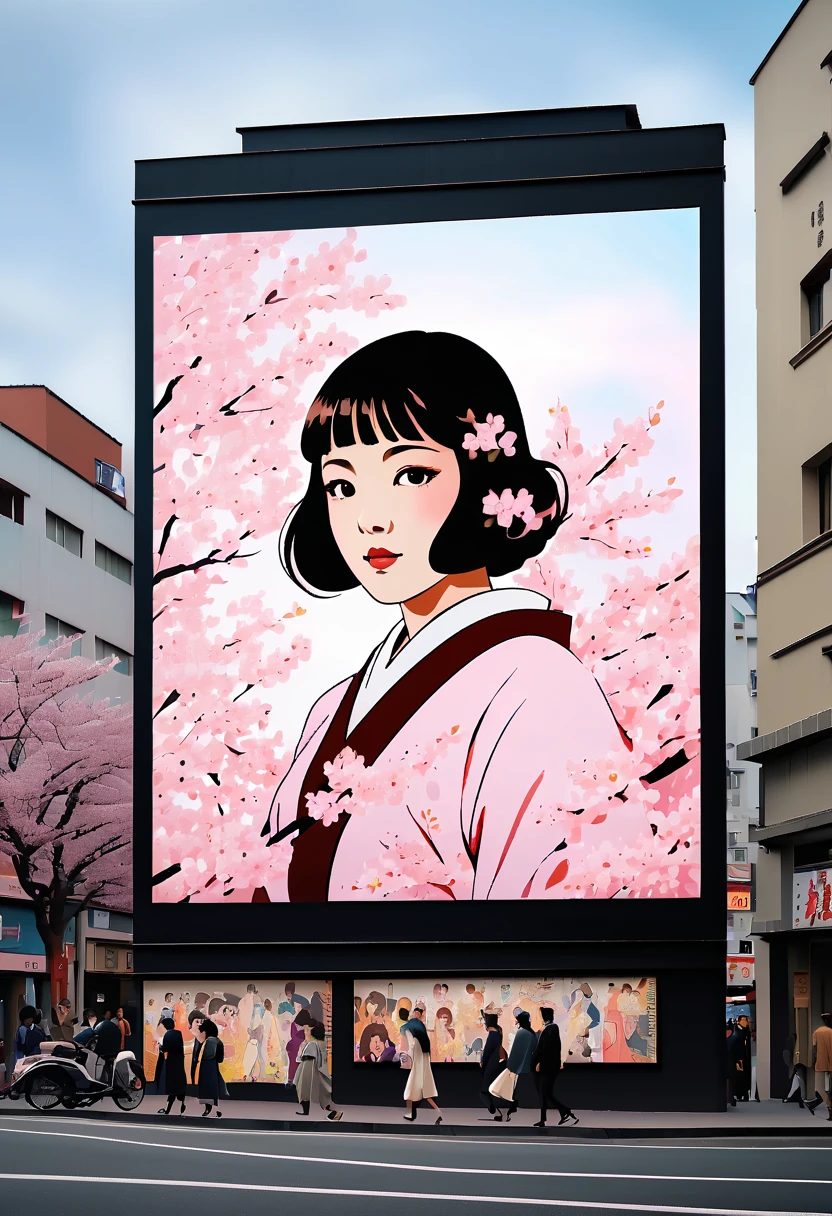 (best quality,4k,8k,highres,masterpiece:1.2),ultra-detailed,on the billboard in the city's cinema, a large poster of the movie with the name "SAKURA MAIDEN", in the background a crowd of people on the streets of a city, (art deco), 70's,